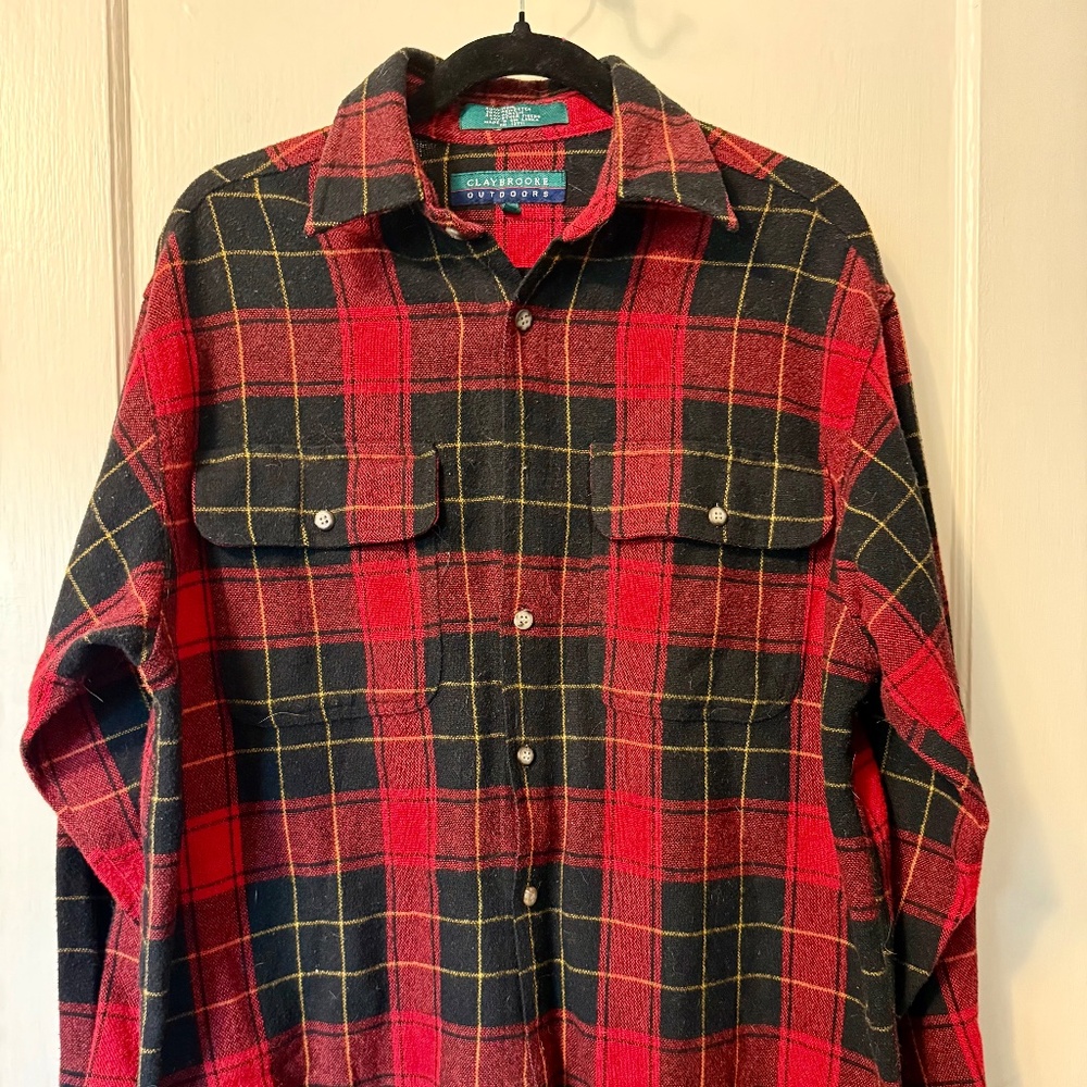 Red & black wool blend plaid shirt